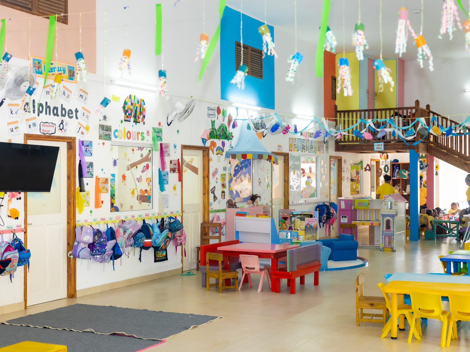 A wide view of a bright, colourfully decorated classroom